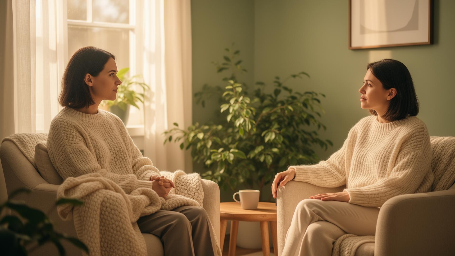 A warm, supportive counseling conversation in a calm, light-filled room