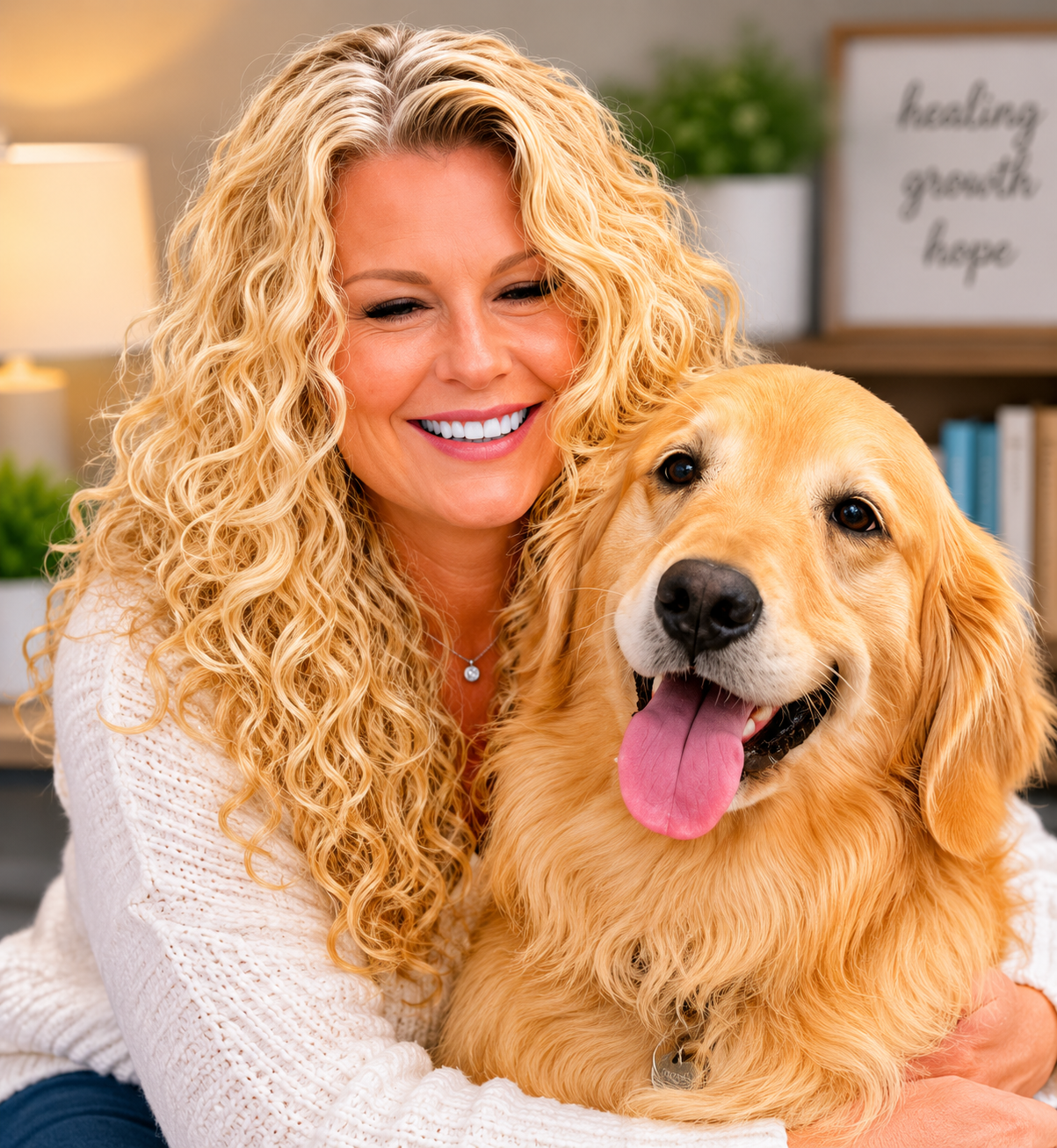 Sherry Shields, LPC, smiling with a golden retriever